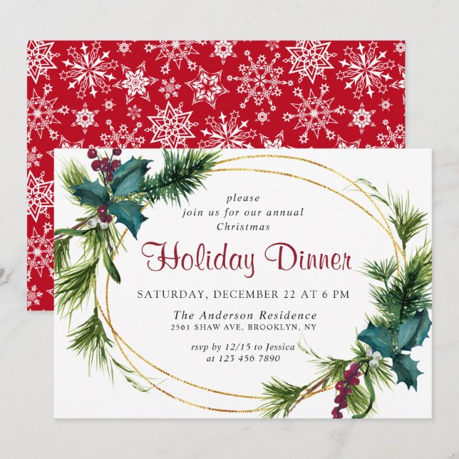 Invitación Elegante Navidades de Pine Holly Berry cena de vac (Anverso / Reverso)
