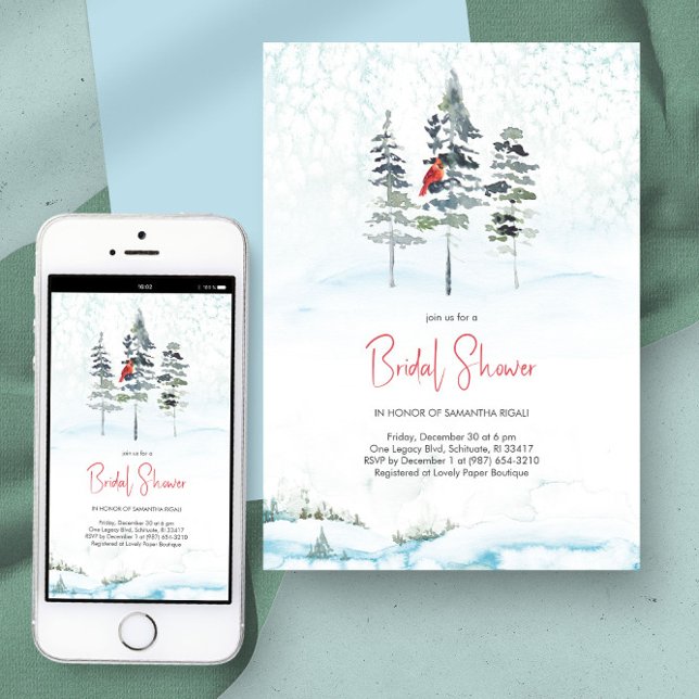 Invitación Elegante Navidades de Winter Pines Bridal Shower (Bridal shower invitations watercolor winter pine trees and snow in blue)