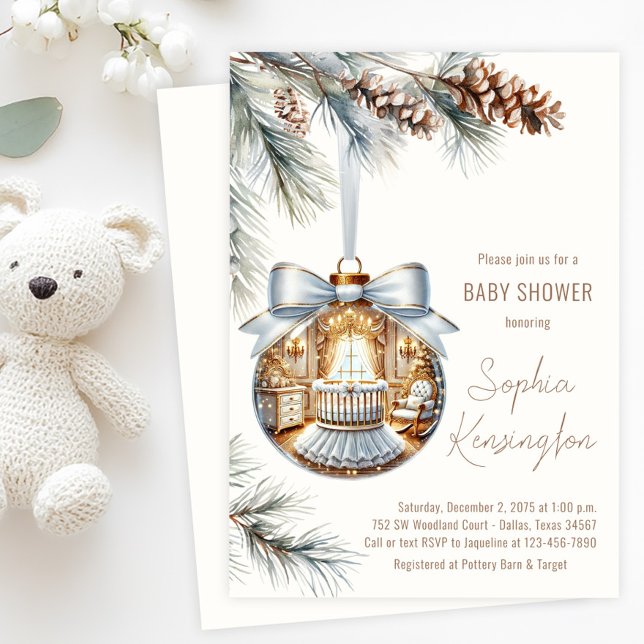 Invitación Elegante Navidades del Ornamento Blanco Oro Baby S (Tree ornament baby shower invitation with glass ornament with beautiful white and gold nursery scene)