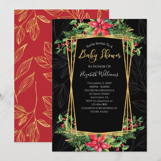 Invitación Elegante Navidades Floral Gold Black Baby Shower (Anverso / Reverso)