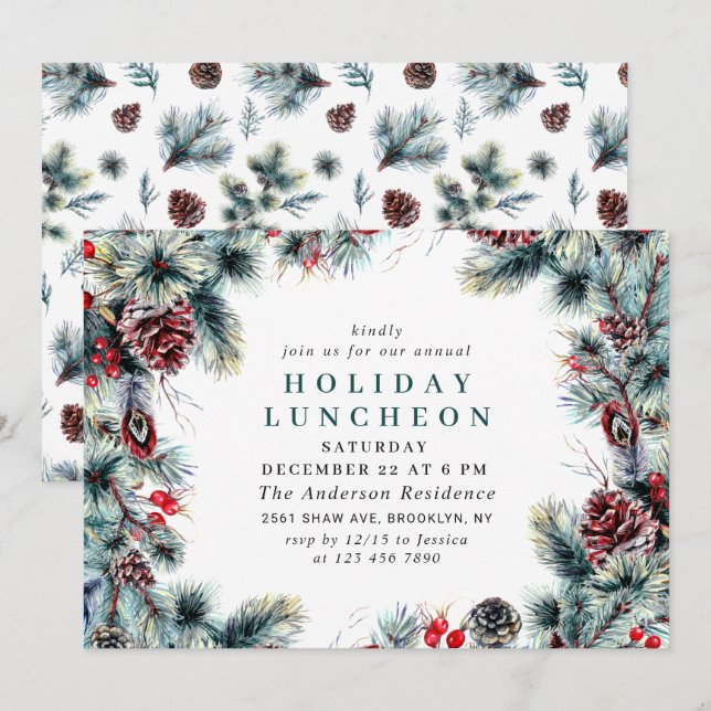 Invitación Elegante Navidades Holly Berry HOLIDAY LUNCHEON (Anverso / Reverso)