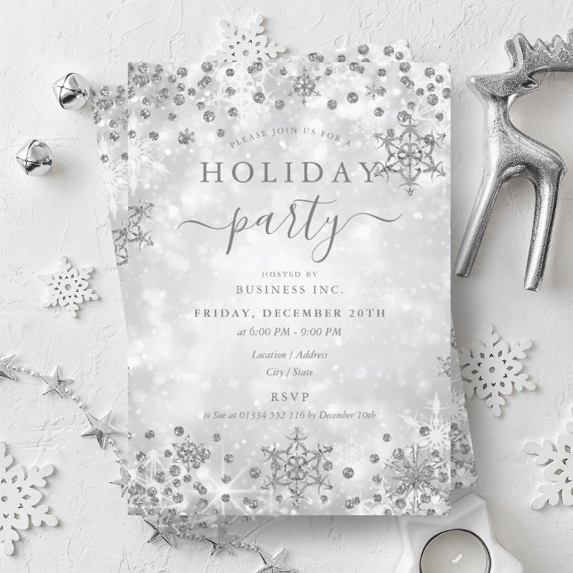 Invitación Elegante Navidades plateados vacaciones en compañí (Elegant Silver Christmas Winter Company Holiday Invitation)