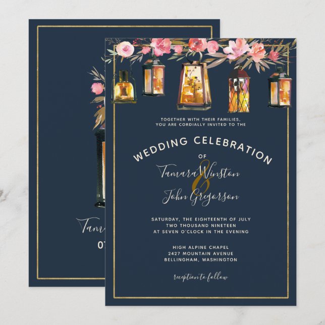 Invitación Elegante Navy Blue Coral Floral Gold Luces (Anverso / Reverso)