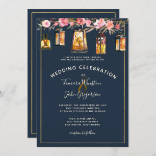 Invitación Elegante Navy Blue Coral Floral Gold Luces