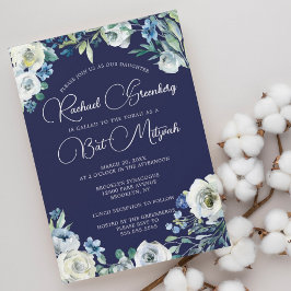 Invitación Elegante Navy Blue Floral Blanco Floral Moderno Ba
