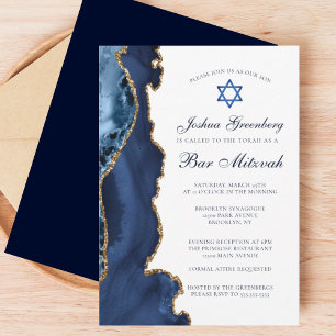Invitación Elegante Navy Blue Gold Agate Bar Mitzvah Fiesta