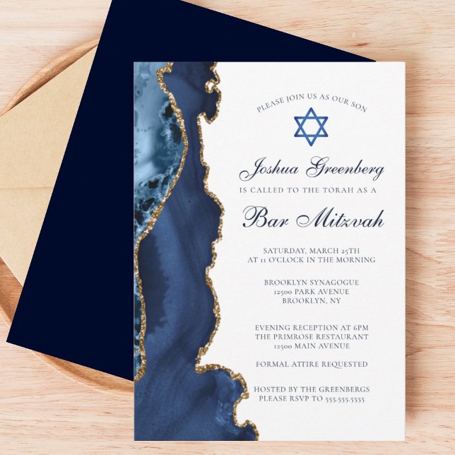 Invitación Elegante Navy Blue Gold Agate Bar Mitzvah Fiesta (Subido por el creador)