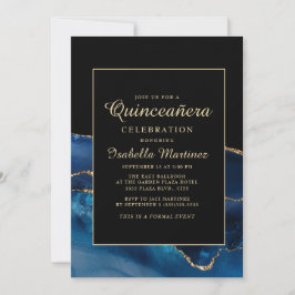 Invitación Elegante Navy Blue Gold Agate Marble Quinceañera
