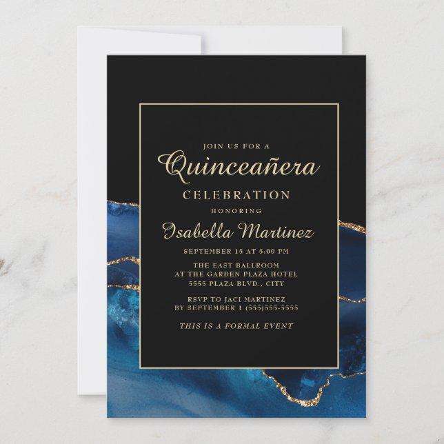 Invitación Elegante Navy Blue Gold Agate Marble Quinceañera (Anverso)