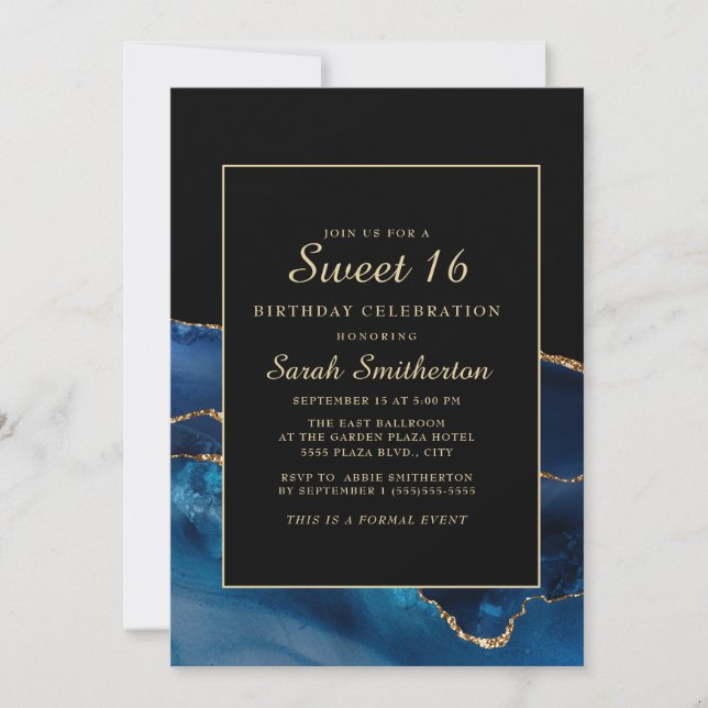 Invitación Elegante Navy Blue Gold Agate Marble Sweet 16 (Anverso)