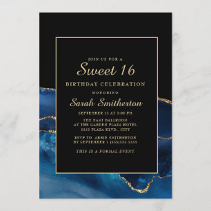 Invitación Elegante Navy Blue Gold Agate Marble Sweet 16