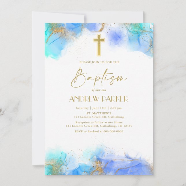 Invitación Elegante Navy Blue Gold Baptism (Anverso)