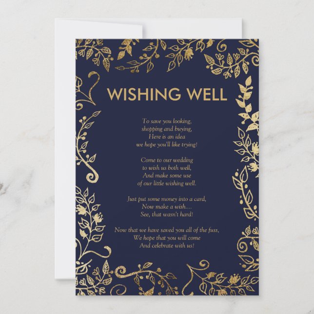 Invitación Elegante Navy Blue Gold Floral Deseando Bien (Anverso)
