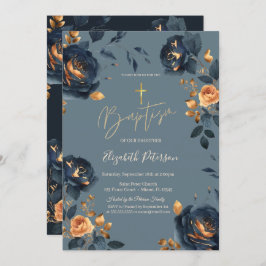 Invitación Elegante Navy Blue Gold Flores Bautismo