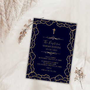Invitación Elegante Navy Blue Gold Flower Cross Baptism