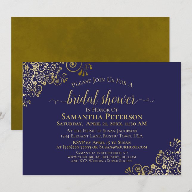 Invitación Elegante Navy Blue & Gold Lace Frills Bridal Showe (Anverso / Reverso)