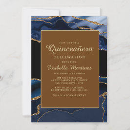 Invitación Elegante Navy Blue Gold Marble Agate Quinceañera