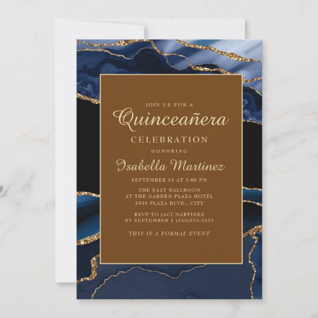 Invitación Elegante Navy Blue Gold Marble Agate Quinceañera (Anverso)