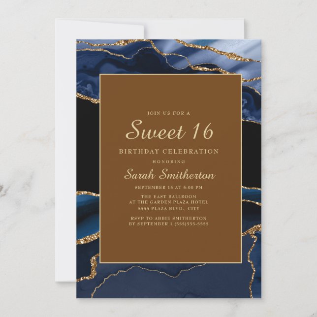 Invitación Elegante Navy Blue Gold Marble Agate Sweet 16 (Anverso)