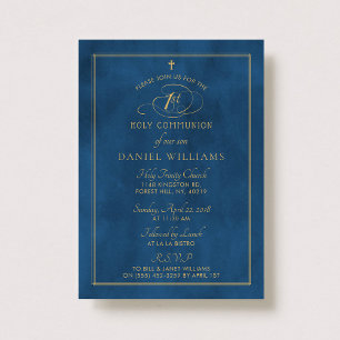 Invitación Elegante Navy Blue & Gold Script 1ª Santa Comunión
