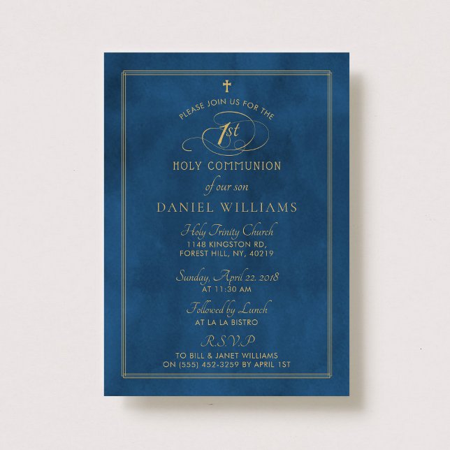 Invitación Elegante Navy Blue & Gold Script 1ª Santa Comunión (Subido por el creador)