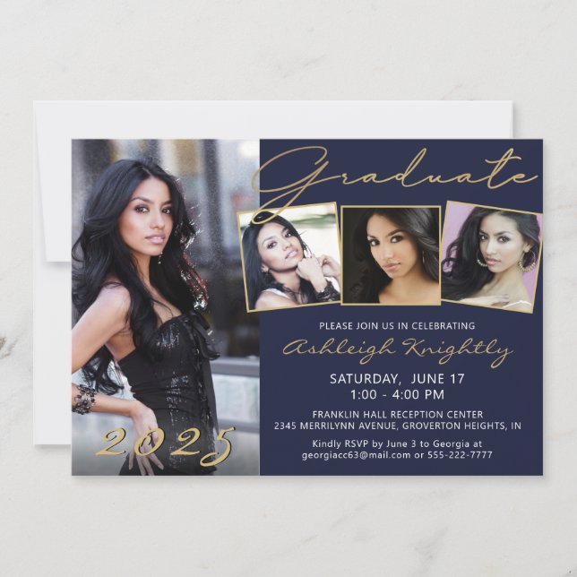 Invitación Elegante Navy Blue Gold Script 4 Photo Graduate (Anverso)