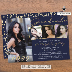 Invitación Elegante Navy Blue Gold Script 4 Photo Graduate