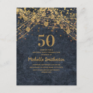 Invitación Elegante Navy Blue Gold String ilumina 50 cumpleañ