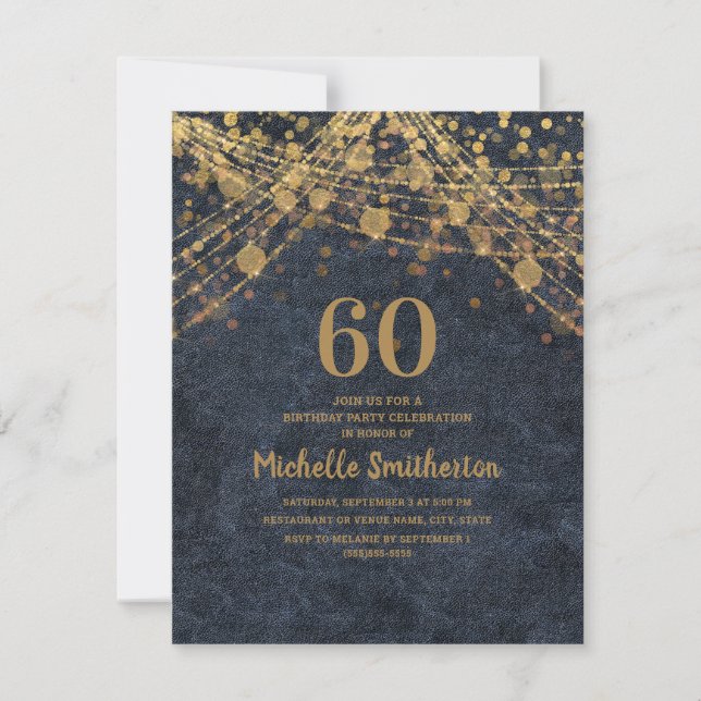 Invitación Elegante Navy Blue Gold String ilumina los 60 años (Anverso)