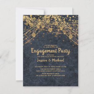 Invitación Elegante Navy Blue Gold String Lights Engagement