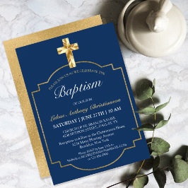 Invitación Elegante Navy Blue Golden Cross Boys Bautismo