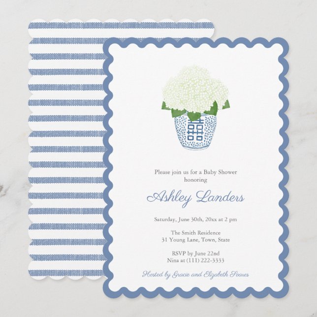 Invitación Elegante Navy Blue Hydrangea Bebé (Anverso / Reverso)