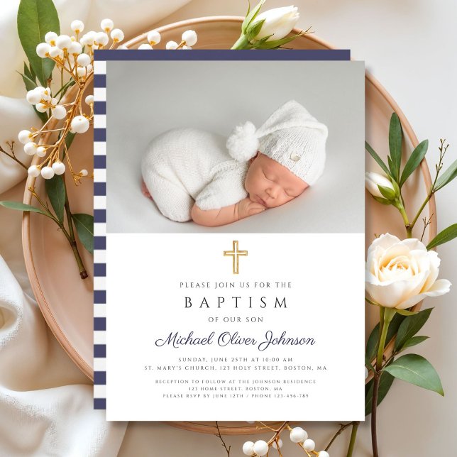 Invitación Elegante Navy Blue Religious Cross Baptism (Elegant Navy Blue Religious Cross Photo Baptism Invitation)