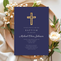 Elegante Navy Blue Religious Cross Boy Baptism