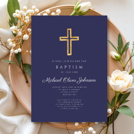 Invitación Elegante Navy Blue Religious Cross Boy Baptism