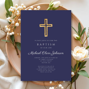 Invitación Elegante Navy Blue Religious Cross Boy Baptism