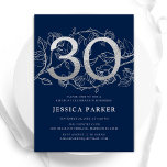 Invitación Elegante Navy Blue Silver 30 cumpleaños<br><div class="desc">Elegante invitación de fiesta de cumpleaños 30 color azul marino plateado. Personalizable diseño moderno femenino con acentos botánicos rosas y una falsa plata purpurina. Sencilla tarjeta de invitación floral perfecta para una elegante celebración de cumpleaños femenina. Personaliza con tus propios detalles. Invitaciones Zazzle impresas o una plantilla imprimible digital de...</div>