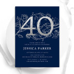 Invitación Elegante Navy Blue Silver 40 cumpleaños<br><div class="desc">Elegante invitación de fiesta de cumpleaños 40 color azul marino plateado. Personalizable diseño moderno femenino con acentos botánicos rosas y una falsa plata purpurina. Sencilla tarjeta de invitación floral perfecta para una elegante celebración de cumpleaños femenina. Personaliza con tus propios detalles. Invitaciones Zazzle impresas o una plantilla imprimible digital de...</div>