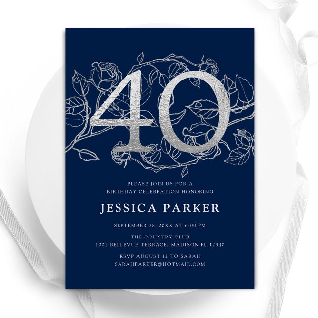 Invitación Elegante Navy Blue Silver 40 cumpleaños (Subido por el creador)