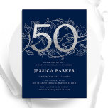 Invitación Elegante Navy Blue Silver 50 cumpleaños<br><div class="desc">Elegante invitación de fiesta de cumpleaños 50 de color azul marino. Personalizable diseño moderno femenino con acentos botánicos rosas y una falsa plata purpurina. Sencilla tarjeta de invitación floral perfecta para una elegante celebración de cumpleaños femenina. Personaliza con tus propios detalles. Invitaciones Zazzle impresas o una plantilla imprimible digital de...</div>