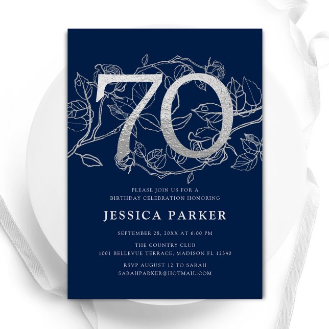 Invitación Elegante Navy Blue Silver 70 cumpleaños (Subido por el creador)