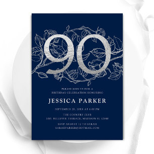 Invitación Elegante Navy Blue Silver 90 cumpleaños