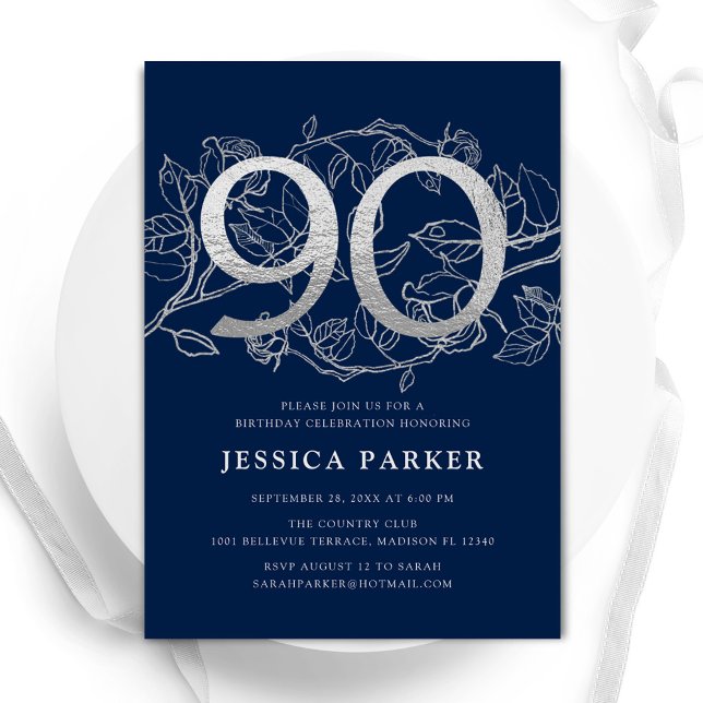 Invitación Elegante Navy Blue Silver 90 cumpleaños (Subido por el creador)