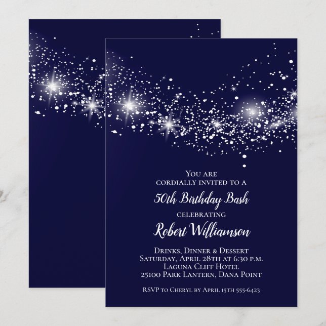 Invitación Elegante Navy Blue Sky y Stars Cumpleaños (Anverso / Reverso)