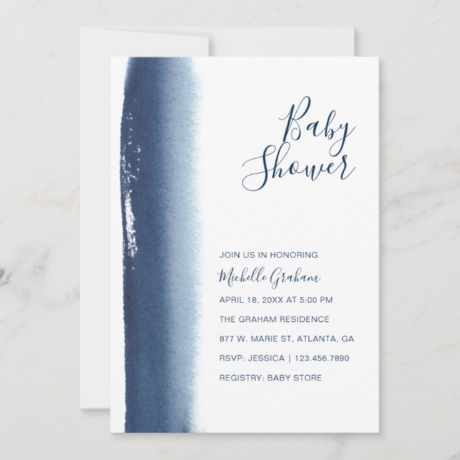 Invitación Elegante Navy Blue Watercolor Boy Baby Shower (Anverso)