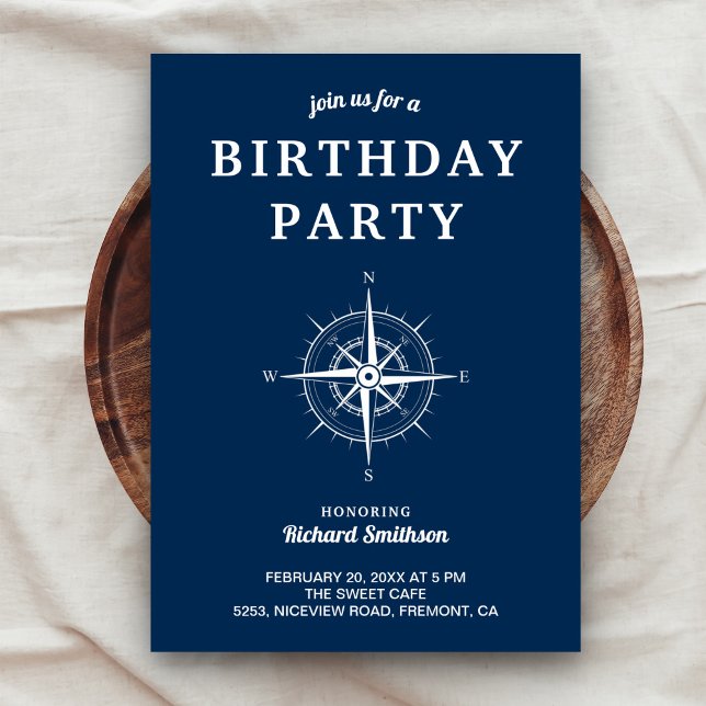Invitación Elegante Navy Blue White Nautical Compass Cumpleañ (Subido por el creador)