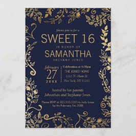 Invitación Elegante Navy Blue y Gold Floral Sweet 16 Invitado