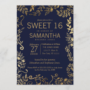 Invitación Elegante Navy Blue y Gold Floral Sweet 16 Invitado