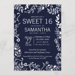 Invitación Elegante Navy Blue y White Floral Sweet 16