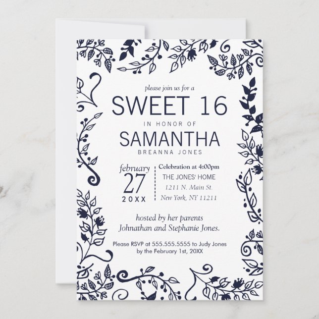 Invitación Elegante Navy Blue y White Floral Sweet 16 (Anverso)